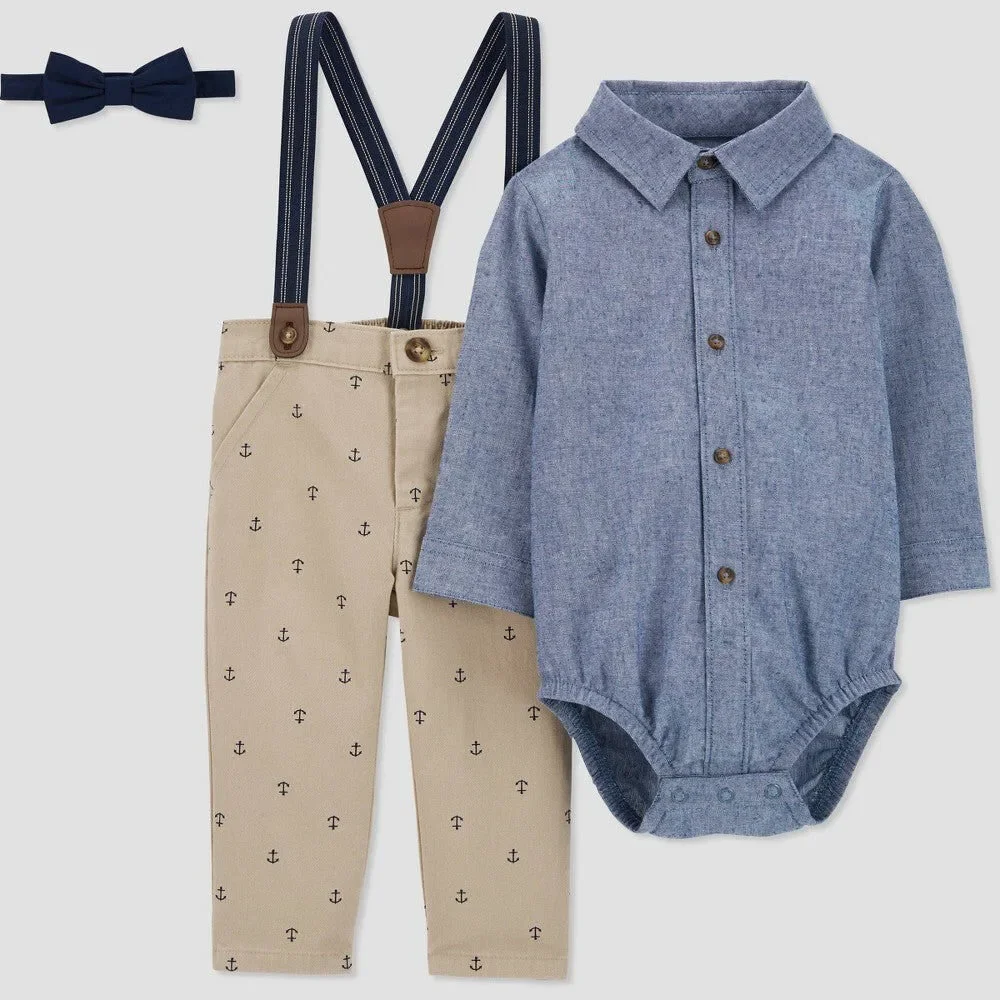Carter's Just One You Toddler Boys' Anchor Chambray Suspender Set - Khaki/Blue